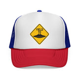 YIELD TO UFO - flying saucer alien funny warning sign parody Mesh Trucker Cap