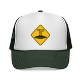 YIELD TO UFO - flying saucer alien funny warning sign parody Mesh Trucker Cap