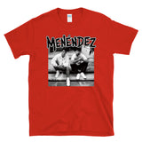 MENENDEZ - out of step brothers porch throwback true crime punk hardcore album cover parody - T-Shirt