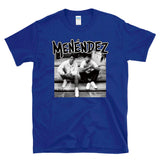 MENENDEZ - out of step brothers porch throwback true crime punk hardcore album cover parody - T-Shirt