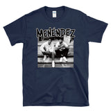 MENENDEZ - out of step brothers porch throwback true crime punk hardcore album cover parody - T-Shirt
