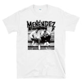 MENENDEZ - out of step brothers porch throwback true crime punk hardcore album cover parody - T-Shirt
