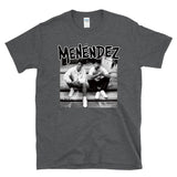MENENDEZ - out of step brothers porch throwback true crime punk hardcore album cover parody - T-Shirt