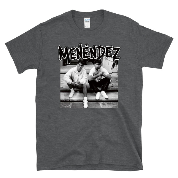 MENENDEZ - out of step brothers porch throwback true crime punk hardcore album cover parody - T-Shirt