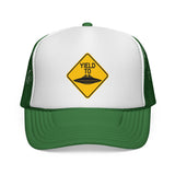 YIELD TO UFO - flying saucer alien funny warning sign parody Mesh Trucker Cap
